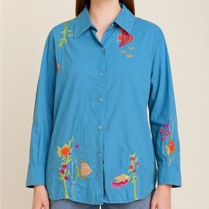 Michael Simon Fish Blue Blouse Art to Wear Top Plus Size 3X